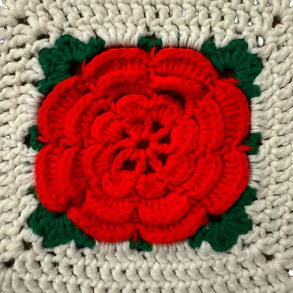 Vintage Crochet Granny Rose Square  Cottagecore Farmhouse Afghan Throw Blanket
